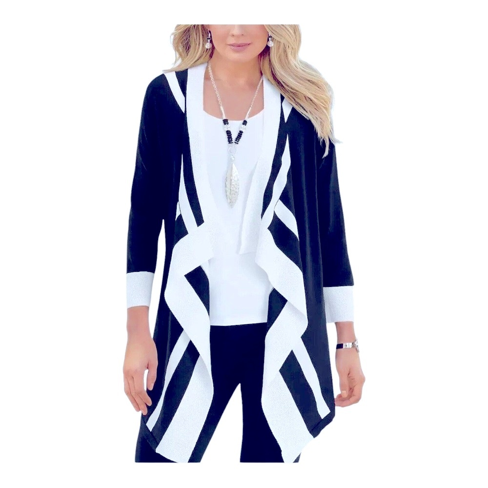 Monroe & Main Navy and White Waterfall Beautiful Open-Front Cardigan NEW